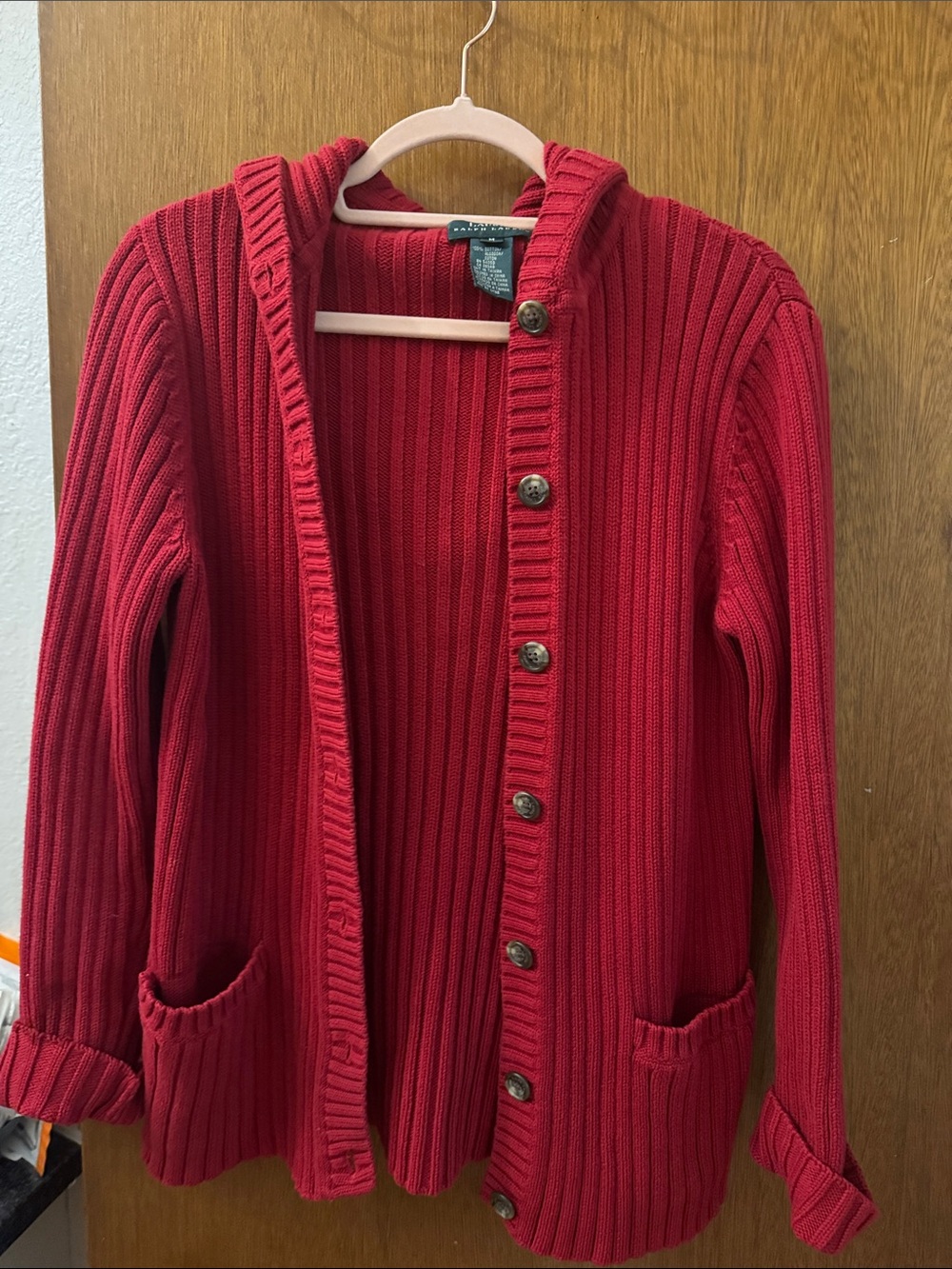 Ralph Lauren Red Hooded Rib-Knit Button Cardigan